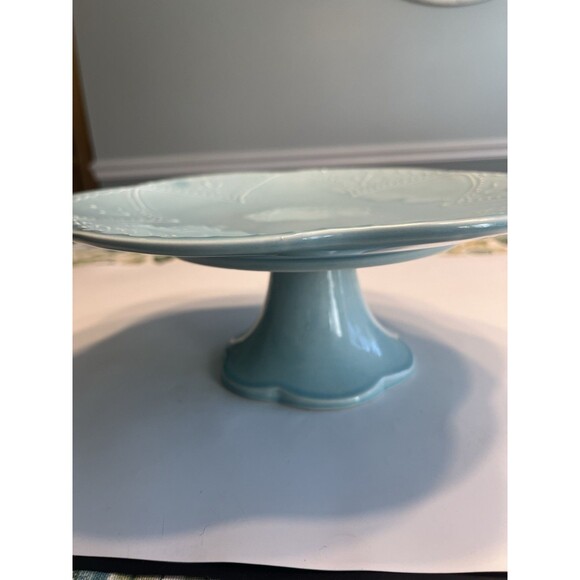 Maioliche Jessica Italy Ceramic Cake Stand Blue Scalloped Pedestal 10.75” - Picture 1 of 15